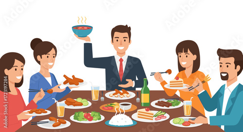 Flat design vector illustration of people gathered around a round table, enjoying food and drinks with diverse dishes and one person in business attire