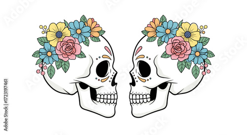 Watercolor illustration of two cute sugar skulls with flowers and swirls on a white background in a sparkling bohemian aesthetic