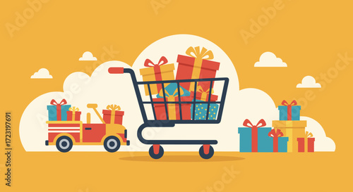 Flat design vector illustration of a shopping cart filled with colorful gift boxes in warm tones on a simple background, digital art style