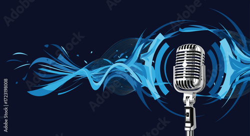 Flat Design Microphone with Waves and Bubbles on Dark Blue Background – Professional Vector Illustration