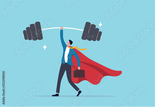 Business Strengths, strong power to get job done and success, career challenge or winning skill with strong leadership concept, strong businessman hero show his strength by easy lifting heavy weight.
