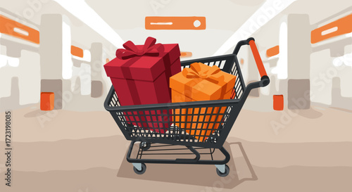 Vector illustration of grocery cart filled with two large presents in warm colors, wide-angle shopping mall interior, flat design, clean professional style