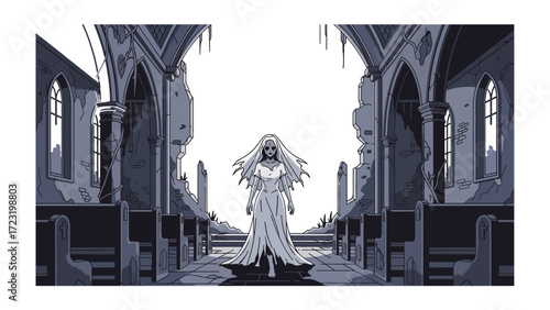 Ghostly Bride's Serenade: A spectral bride, draped in ethereal white, glides down the aisle of a hauntingly dilapidated church. Echoes of sorrow linger in this poignant illustration.