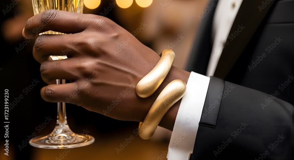Obraz premium Dark skin hand holding champagne at elegant celebratory event luxury toast party gold formal sophisticated