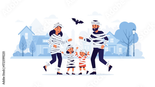 Family Halloween Costume:  A cheerful family joyfully celebrates Halloween together in matching mummy costumes, strolling playfully on a bright, animated background with stylized neighborhood.
