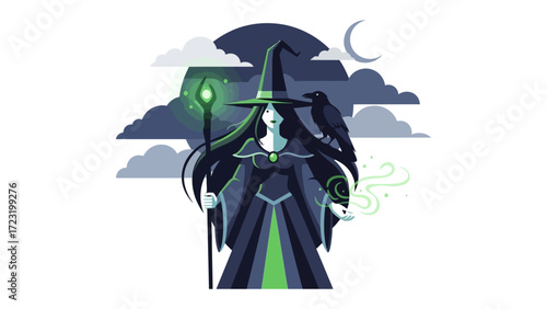 Enchantress Under the Crescent Moon: A captivating image of a witch, draped in an elegant attire, conjuring magic under the moonlit sky, with a crow as her mysterious companion.