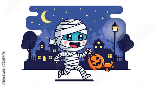 Mummy Halloween Trick or Treat: A cheerful mummy dashes through a cartoonish town with a pumpkin basket. conveying the spirit of Halloween fun.