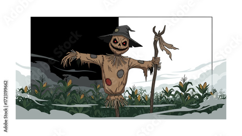 Scarecrow in the Cornfield: A whimsically illustrated scarecrow stands watch amidst a cornfield, his jovial expression contrasting with the rustic setting. Perfect for adding a touch of autumn cheer.