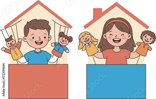 Cartoon children holding hand puppets, indoor play activity, colorful characters, educational fun, puppet show scene, creative kids, playful illustration