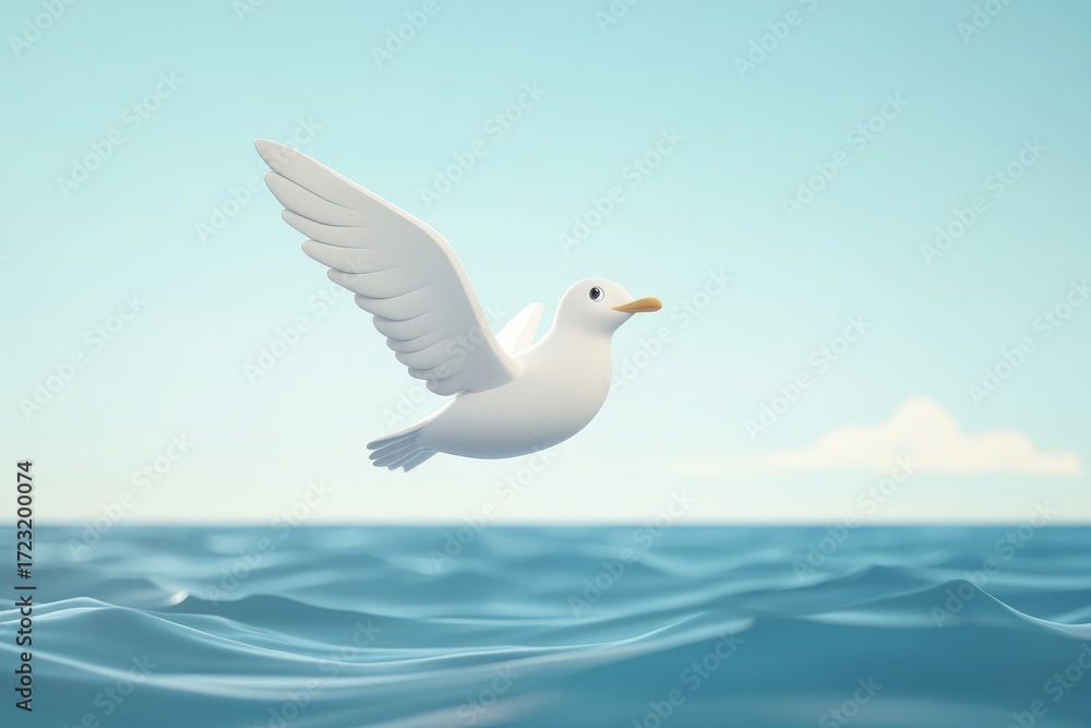 Fototapeta premium A graceful seagull soars above tranquil blue ocean water, embodying freedom and serenity. This image captures the beauty of nature in a peaceful setting.