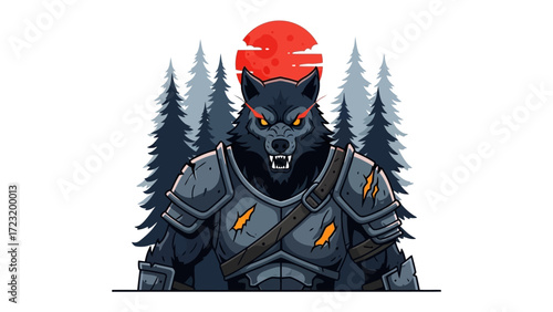 Savage Beast of the Forest: A formidable wolf, armored in weathered metal, stands defiant against a crimson sun, the essence of untamed wilderness.