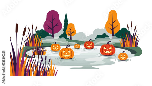 Spooky Pumpkins in the Pond: A whimsical illustration features grinning jack-o'-lanterns floating on a misty pond surrounded by autumnal foliage, evoking the playful spirit of Halloween.