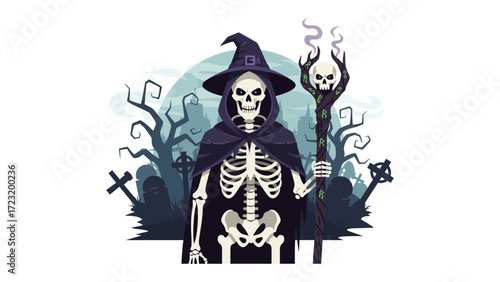 Spooky Sorcerer's Serenade: A spectral figure in a midnight-black cloak and bewitching hat, embodying the essence of Halloween in a spooky graveyard setting.