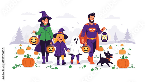 Halloween Family: A joyful family, embracing the spooky spirit, is depicted in a whimsical illustration. They are seen dressed up in delightful costumes.