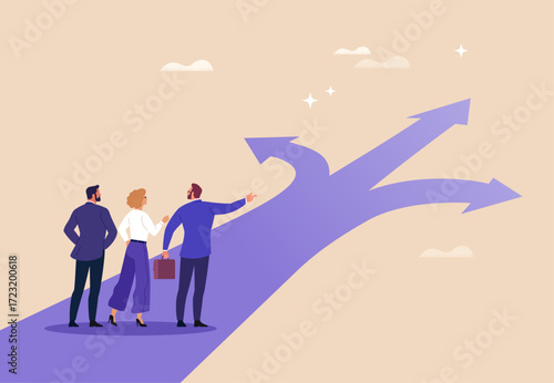 Decision-Making Concept. Vector cartoon illustration of a business team standing at a crossroad with multiple arrows, discussing and choosing the right path toward success and future opportunities.