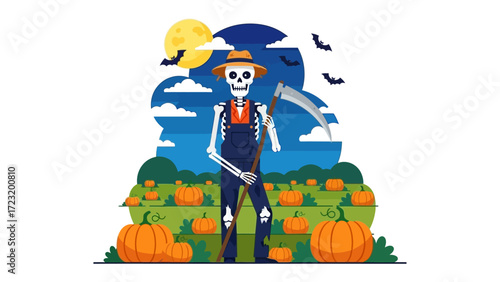 The Spooky Gardener: A skeletal figure, reminiscent of the Grim Reaper, stands proudly amidst a pumpkin patch under the glow of a full moon, bringing a chilling, yet festive atmosphere.