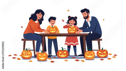 Happy Halloween Carving Together: A family gathers around a table, engrossed in the festive tradition of carving pumpkins. They are surrounded by carved pumpkins and autumn leaves.