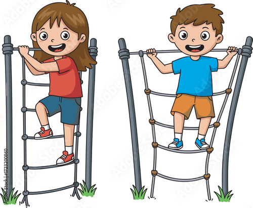 Cartoon children climbing rope ladders, outdoor playground activity, physical exercise, summer fun, active kids, colorful illustration, childhood adventure scene