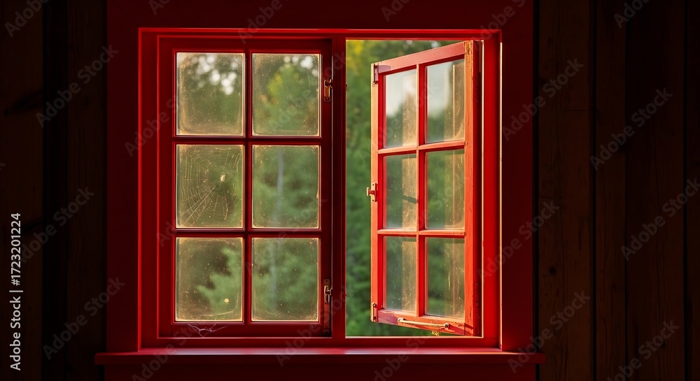 Fototapeta premium Open Red Window Frame with Greenery Outside.