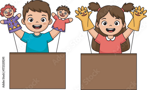 Cartoon children holding hand puppets, indoor play activity, colorful characters, educational fun, puppet show scene, creative kids, playful illustration