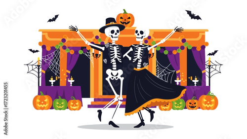 Spooky Skeleton Soiree: Two animated skeletons, donned in festive attire, twirl and sway in a whimsical Halloween dance. The vibrant setting, complete with pumpkins, bats, and a haunted house.