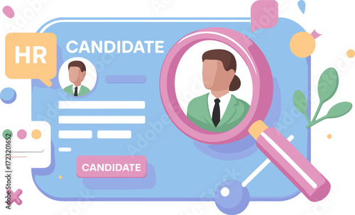 Human resources professional reviewing candidate profile through magnifying glass, focusing on talent acquisition.
