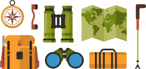 Adventure awaits with a backpack, compass, binoculars, map, and trekking pole