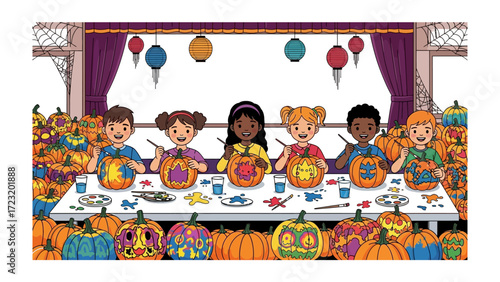 Festive Pumpkin Painting: A group of cheerful children gathers around a table, immersed in the creative joy of decorating pumpkins, their faces alight with enthusiasm and imagination.