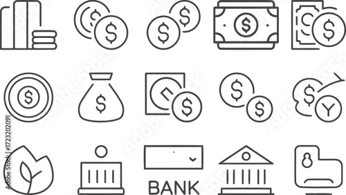 Collection of modern financial icons representing money, banking, and savings.