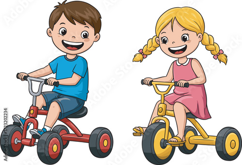 Cartoon children riding tricycles, outdoor playtime, smiling kids, colorful bikes, fun activity, summer scene, playful illustration, childhood adventure moment