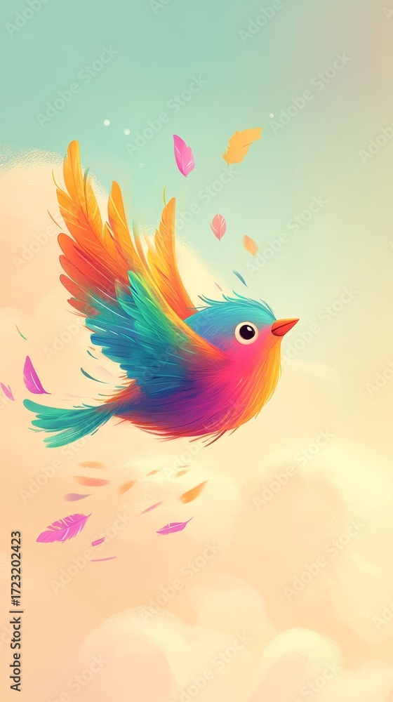 Obraz premium A vibrant illustration of a colorful bird soaring through soft clouds, showcasing a playful design filled with joyful hues and whimsical elements of nature.