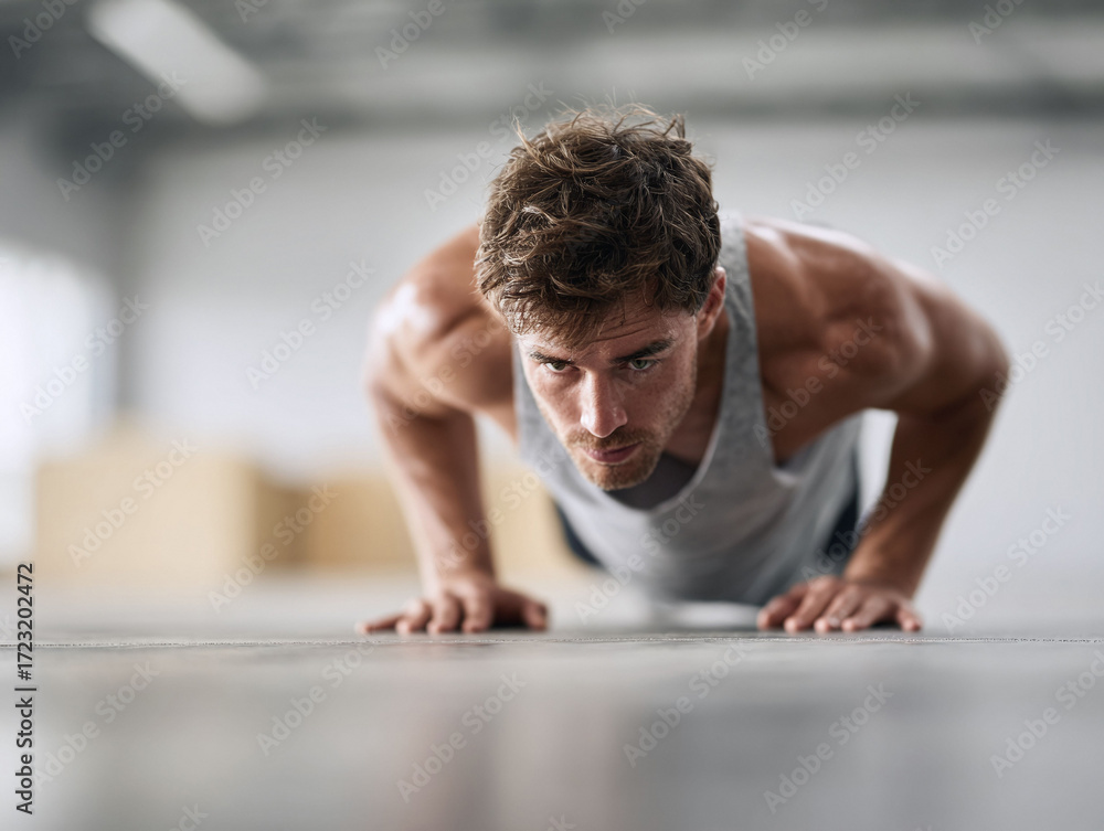 Fototapeta premium Intense closeup of a determined man doing pushups in a gym. Focus, strength, and healthy lifestyle concept. Great for fitness, motivation, and wellness themes.