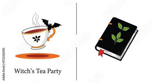 Vector art of a witchs tea party with a cup of tea and a spell book for halloween or magical theme