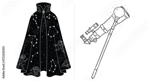 Vector art of an illustration of a celestial cloak with constellations and a telescope