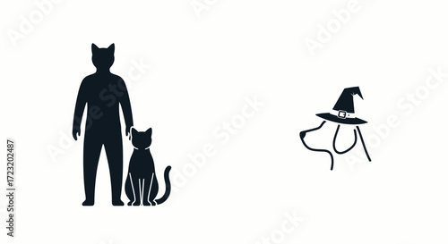 Vector art of a silhouette of a person with cat ears and a cat, and a dog with a witch hat