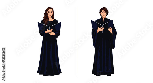 Vector art of two singers in choir robes, one woman and one man, are standing side by side, singing from sheet music