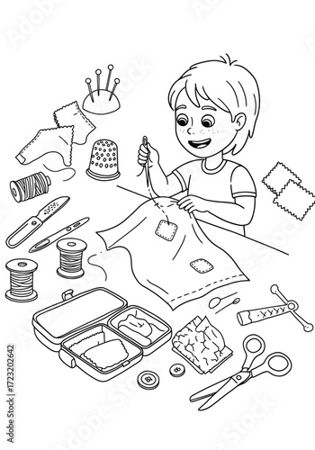 Vector art of boy sewing patch on fabric child learning to sew with needle and thread sewing kit and tools around