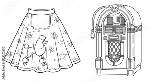 Vector art of a poodle skirt and a jukebox are drawn in black and white, evoking the nostalgia of the 1950s era
