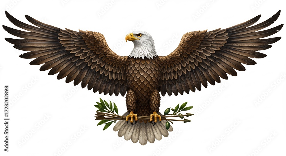 Obraz premium 雄々しく羽ばたくワシ 平和象徴 精緻な描写 自然光輝く. AI Generated