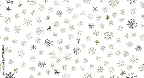 Elegant gold and black snowflakes drift across a clean white background creating a festive winter holiday seamless pattern perfect for design projects