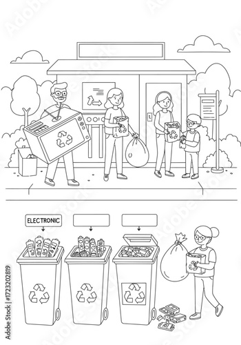 Illustration of people recycling different types of waste at a recycling center