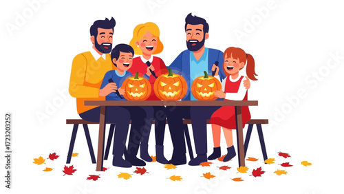 Pumpkin Carving Family Fun: A family laughing and carving pumpkins on a table, surrounded by fallen autumn leaves, embodying the spirit of Halloween joy and togetherness.