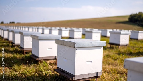 A sustainable crop field with beehives for natural pollination. Sustainable farming focuses on eco-friendly practices that protect soil, conserve water, support biodiversity