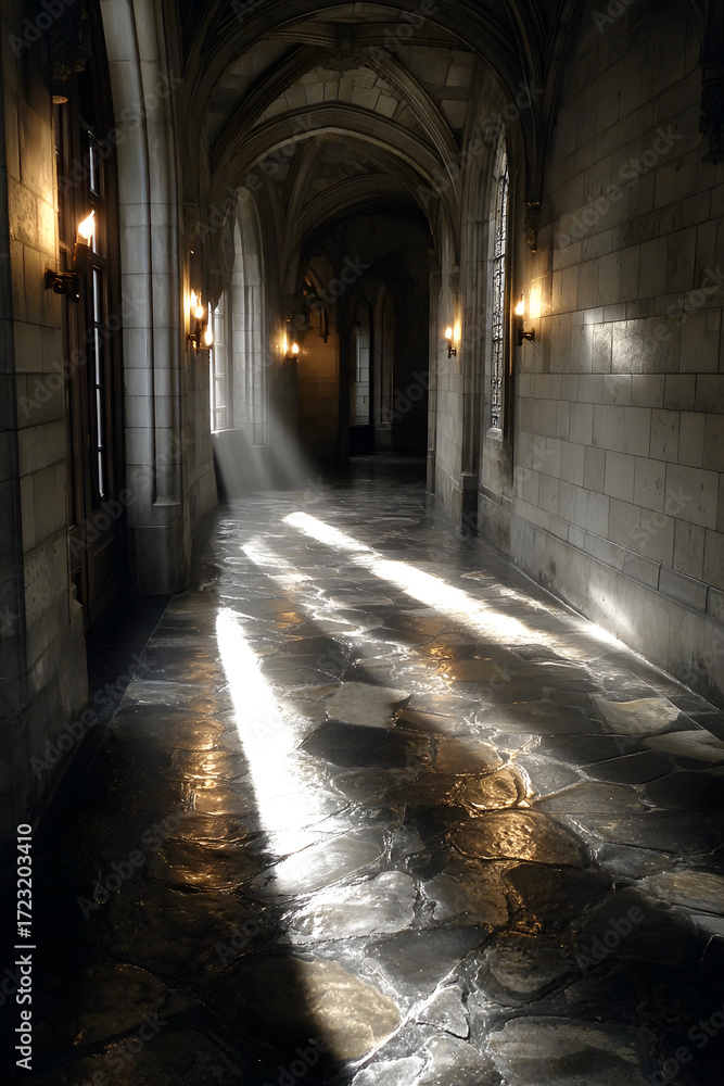 Fototapeta premium Golden Rays Cutting Across Dark Stone Hallway