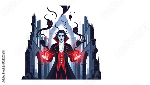 Gothic Dark Magician: A chilling figure, cloaked in shadows and red hues, stands before a haunting gothic backdrop, wielding dark magic in this fantastical illustration.