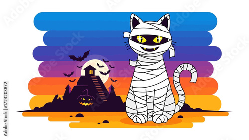 Mummy Cat Halloween Illustration: An amusing cartoon mummy cat stands against a gradient night sky in a colorful Halloween illustration.