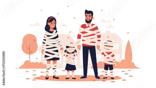 Halloween Family Portrait: A mummy-themed family gathers, each member wrapped in bandages against a backdrop of a picturesque house. capturing the festive spirit of Halloween.