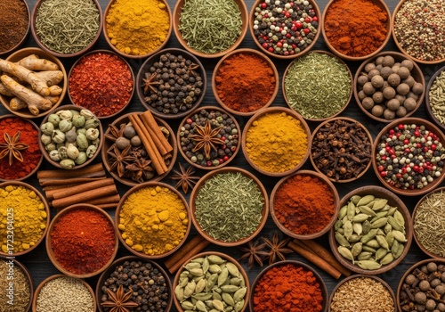Colorful Assortment of Spices and Herbs in Bowls