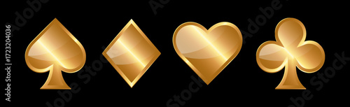 Golden volumetric card suits. Spades, Diamonds, Hearts and Clubs symbols	