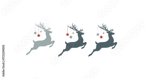 Graceful reindeer leaping with festive star ornaments, perfect for holiday designs and winter celebrations.
